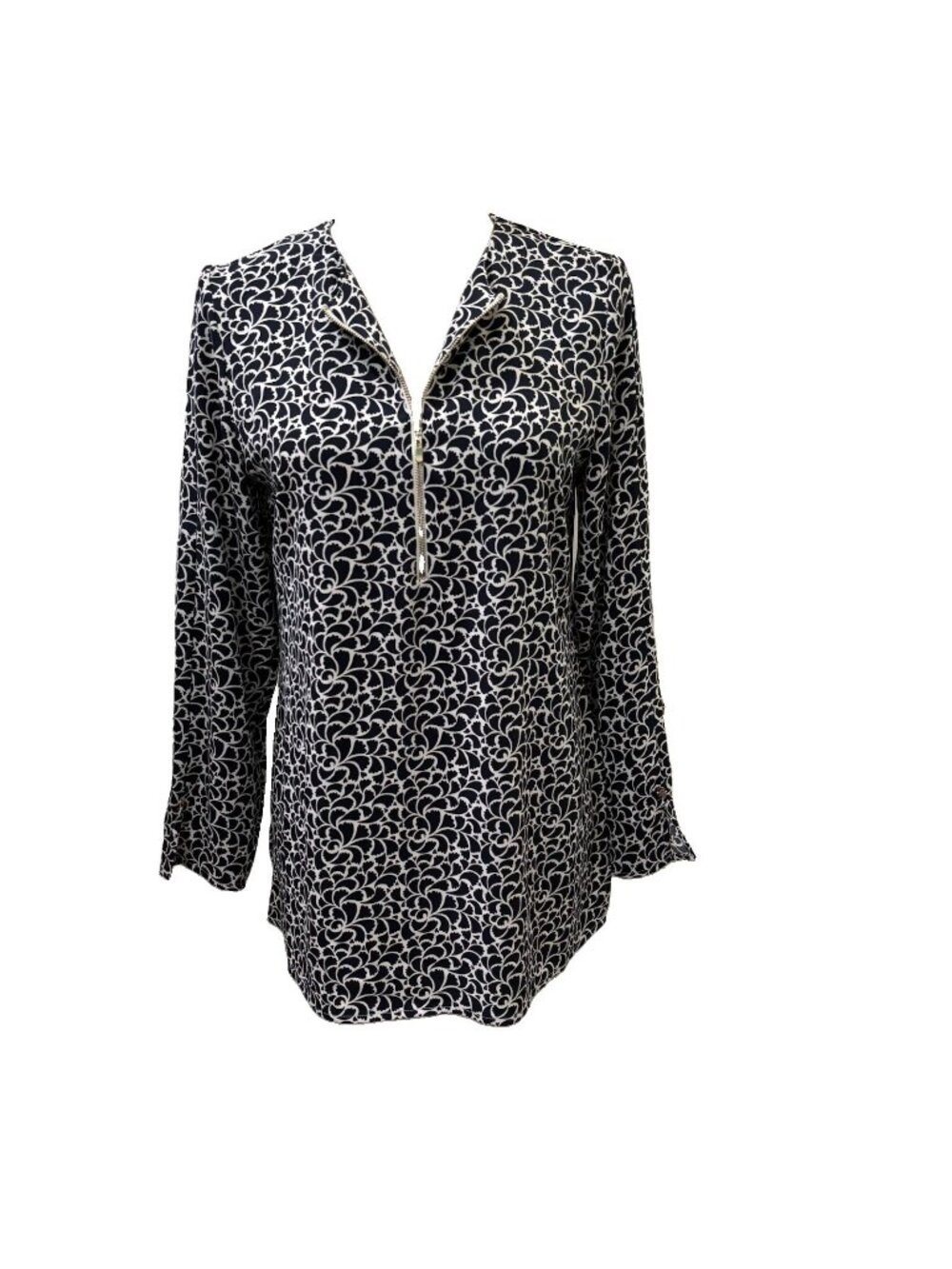 Chico's Blue White Floral Zip V-Neck 3/4 Sleeve Stretch Tunic Blouse size 4/6